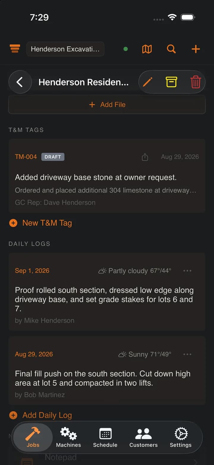Structured daily logs with weather and crew on iPhone
