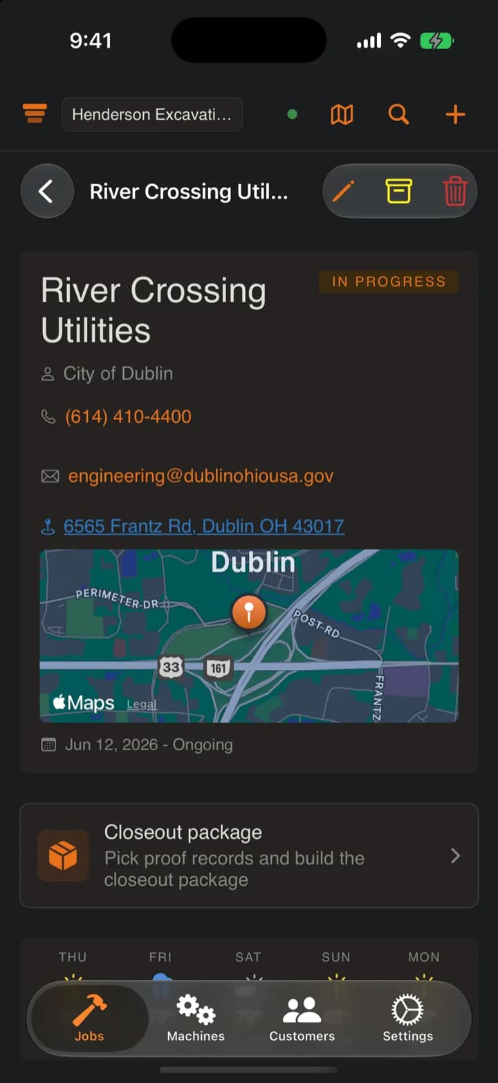 SpoilStack job file on iPhone: status, contact, tap-to-navigate address, map, and weather