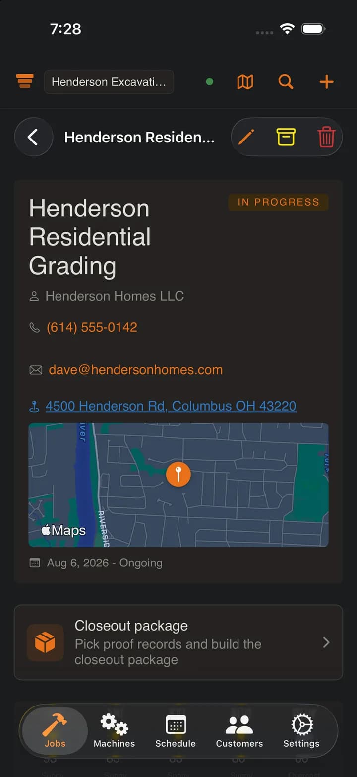 SpoilStack job file on iPhone: status, contact, tap-to-navigate address, map, and weather
