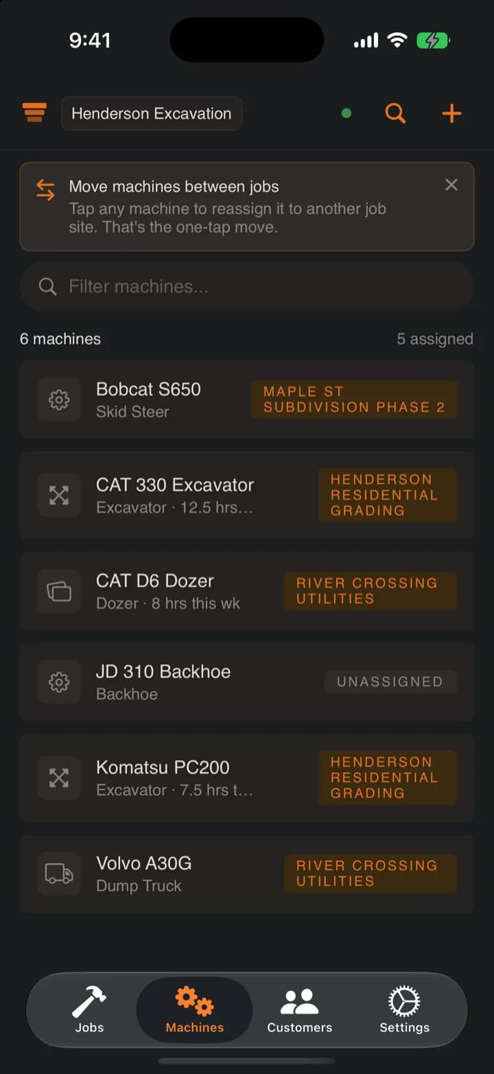 SpoilStack Machines list with job assignments on iPhone