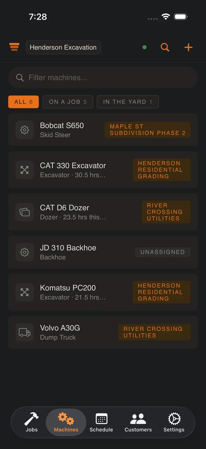 SpoilStack Machines list with job assignments on iPhone