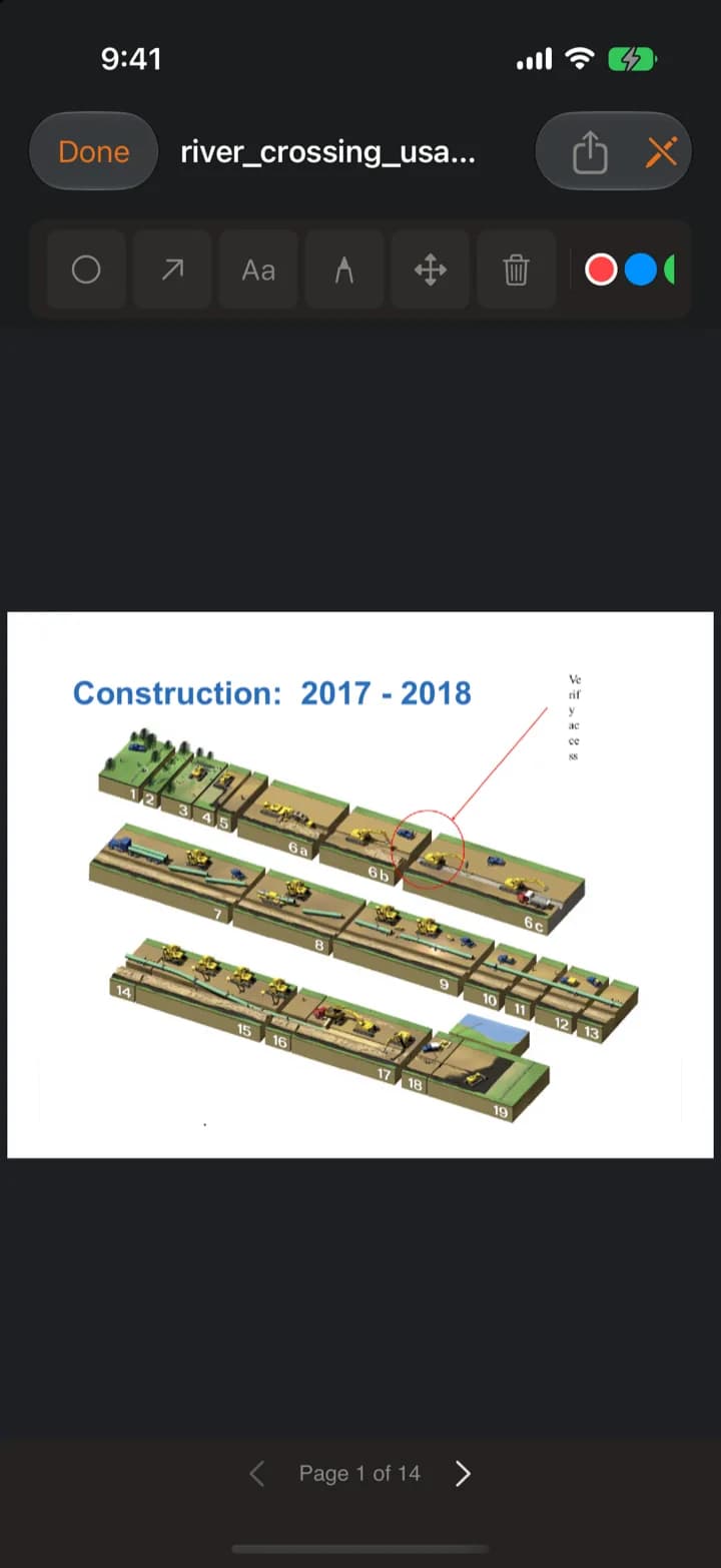 Marked-up construction plan PDF open on iPhone