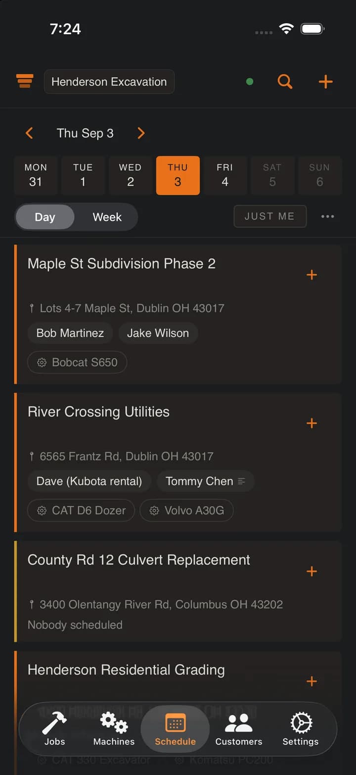 Crew schedule day board on iPhone: each job with the crew and machines on it today