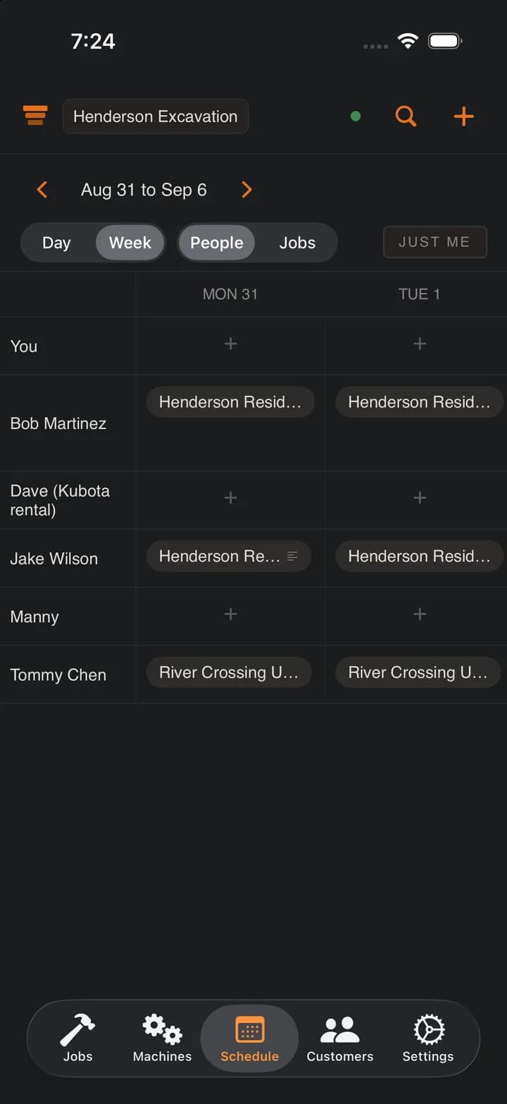 Crew schedule week roster on iPhone: people down the side, Monday to Sunday across